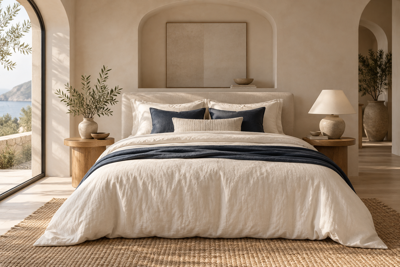 Lit contemporain avec linge de lit ivoire et coussins bleu marine