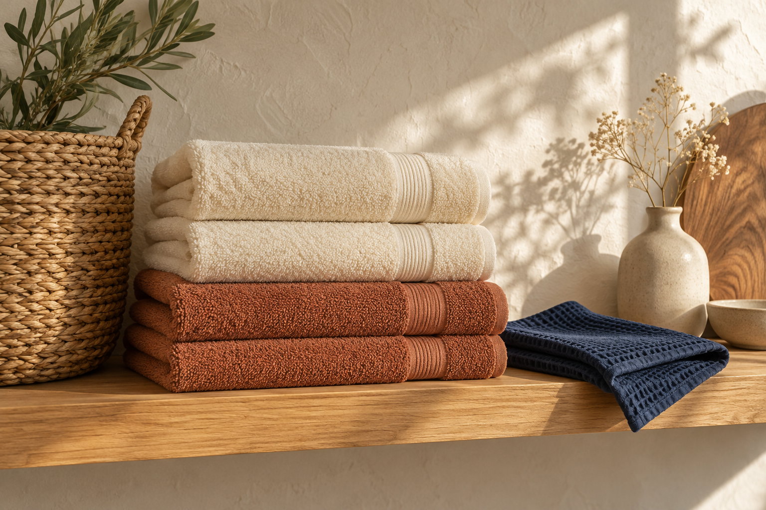 Linge de maison, serviettes et panier dans une ambiance chaleureuse