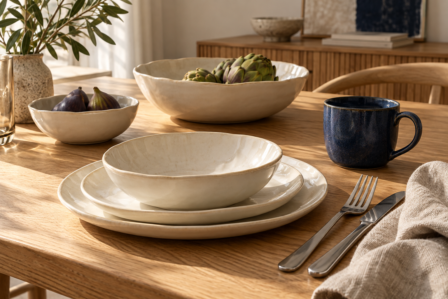 Vaisselle en céramique ivoire et tasse bleu marine sur une table en bois